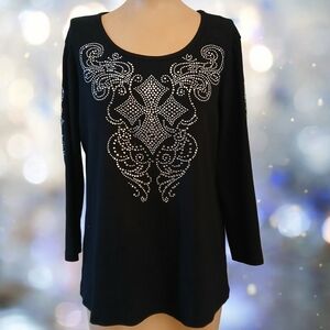 REBA Sparkly RHINESTONE Studded Embelleshed Long Sleeve Scoop Neck Tee Top XL